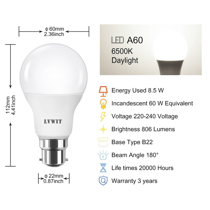 B22 LED Bombillas LEDs, 806Lm A60 9Unidades