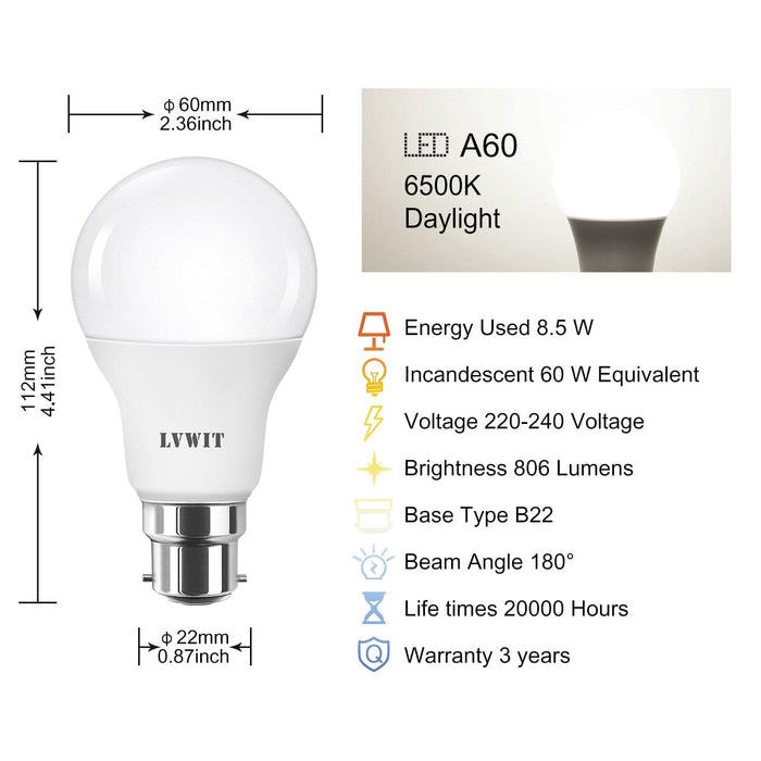 B22 LED Light Bulbs, 806Lm A60 9PCS