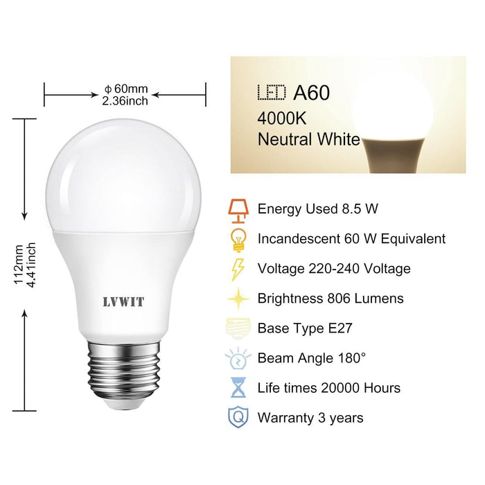 E27 LED Light Bulbs, 806 Lm A60 6PCS