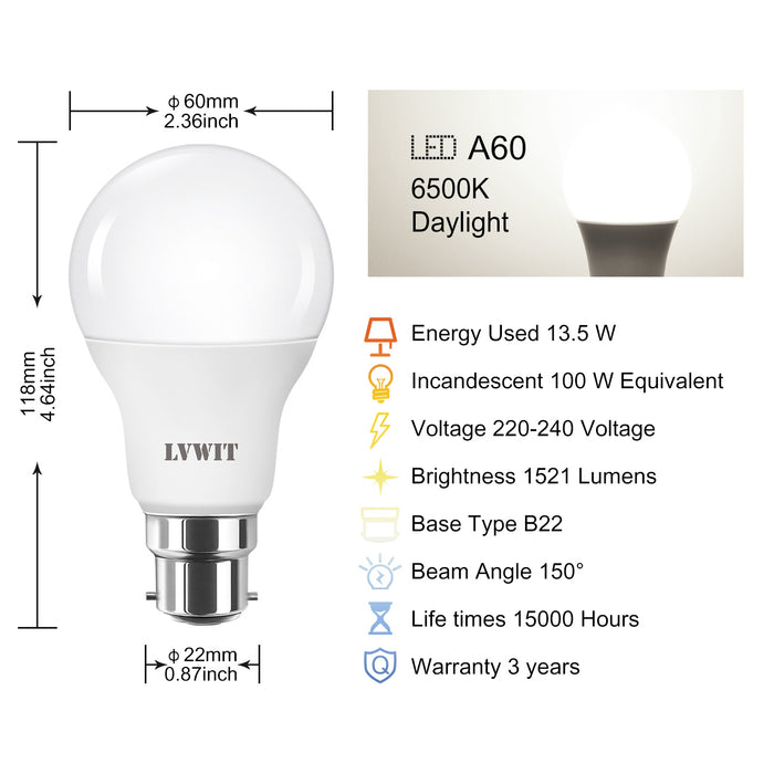 B22 LED Ampoule LED, 1521Lm A60 6500K