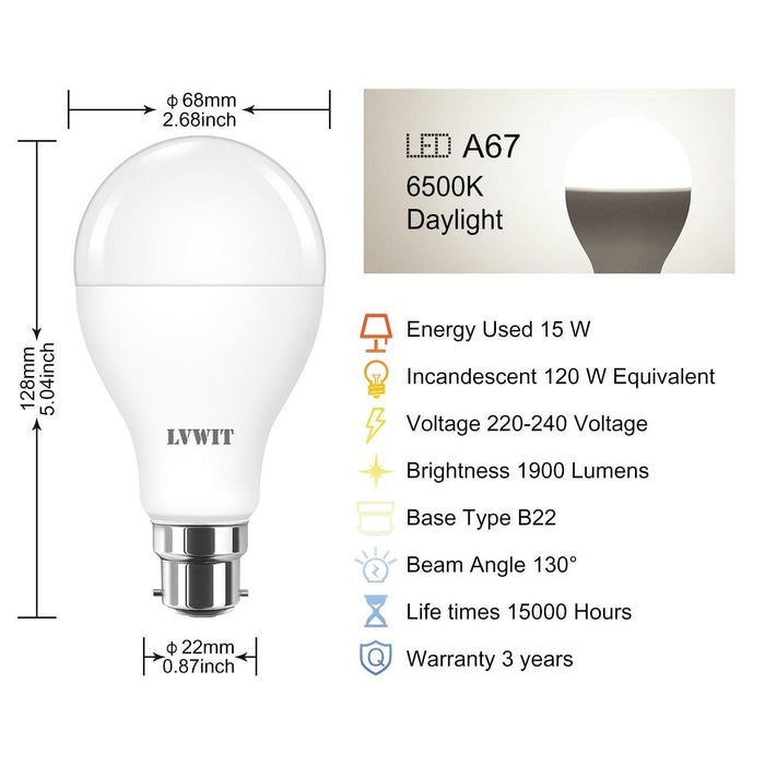 LED Light Bulbs, B22 1800Lm A75 Bulbs, 6500K Daylight 6PCS