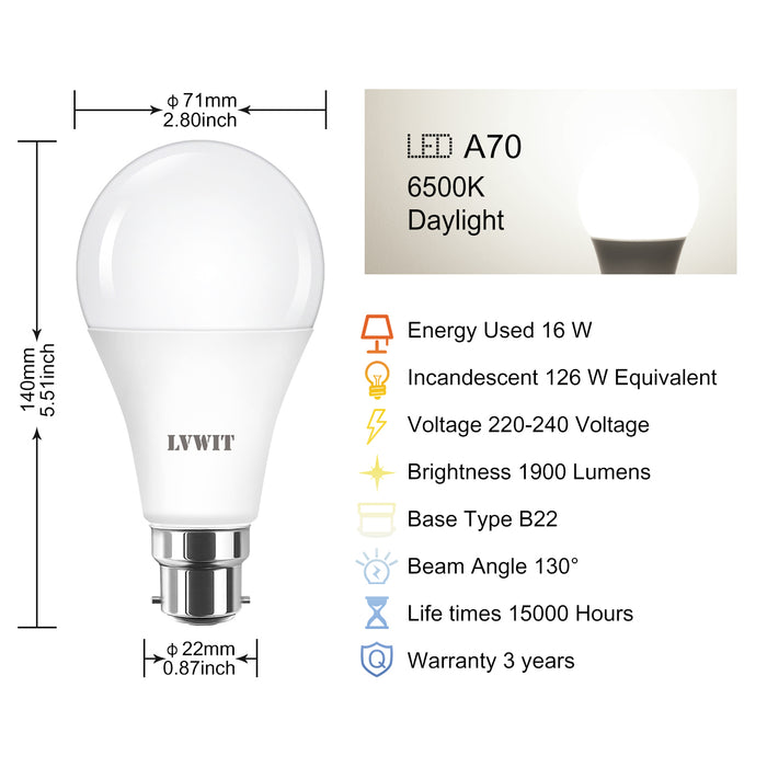 B22 LED Ampoule LED, 1900Lm A75 6500K