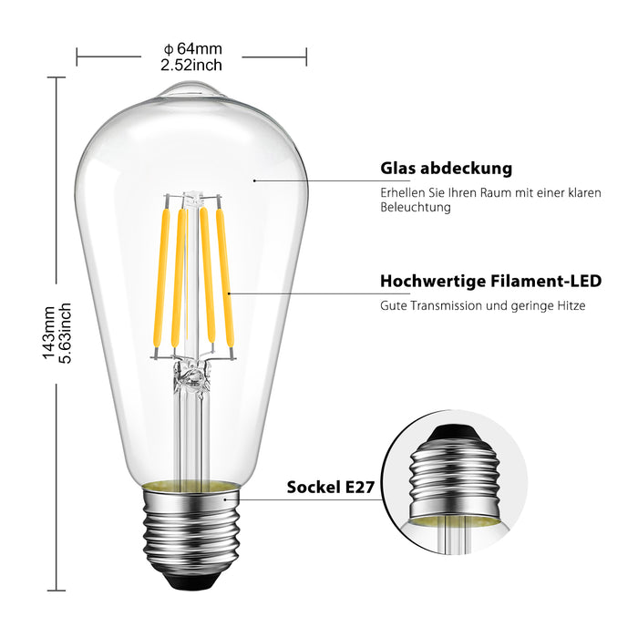 E27 LED Filament Glühbirne, ST64 Klar 6.5W