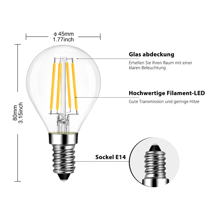 E14 LED Glühlampe Filament, G45 4W Klar 6er Pack