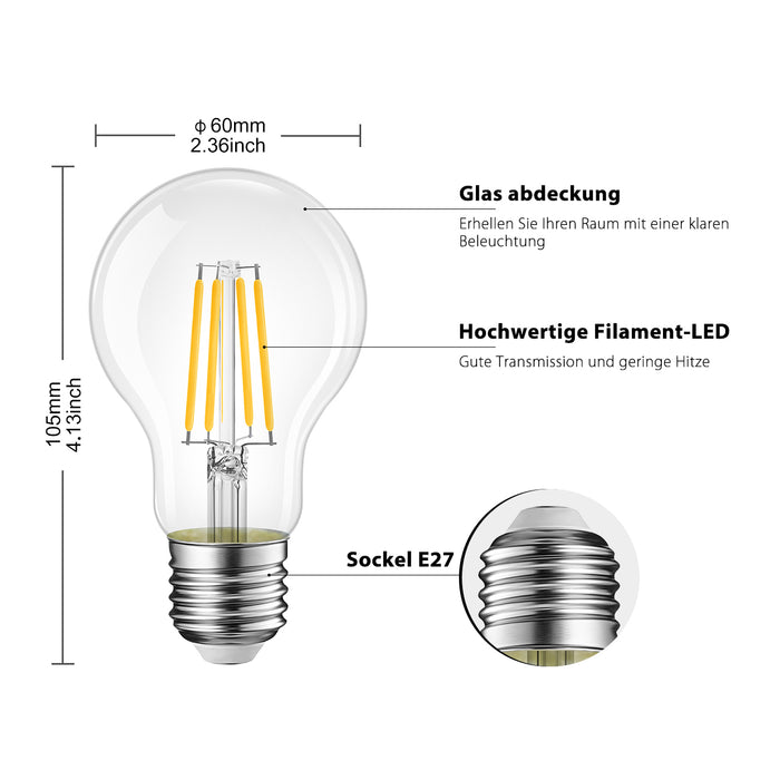 E27 LED Glühlampe Filament, A60 6.5W Klar