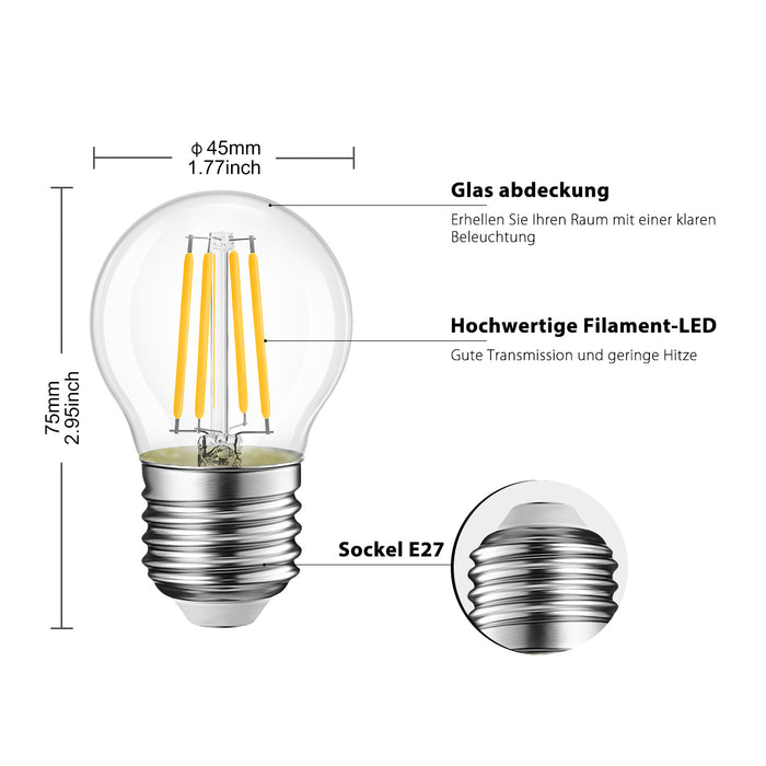 E27 LED Glühlampe Filament, G45 4W Klar