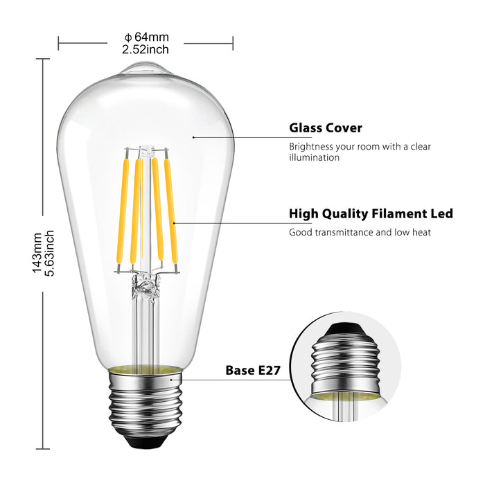 E27 LED Filament Light Bulbs, ST64 470Lm&806Lm