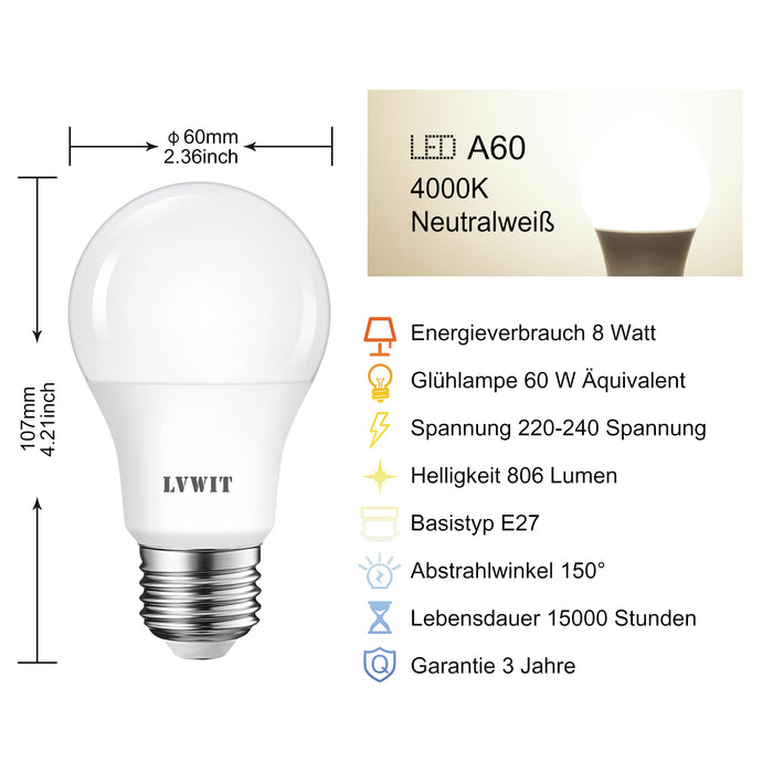 E27 LED Glühbirnen, 806 Lm A60 4000K