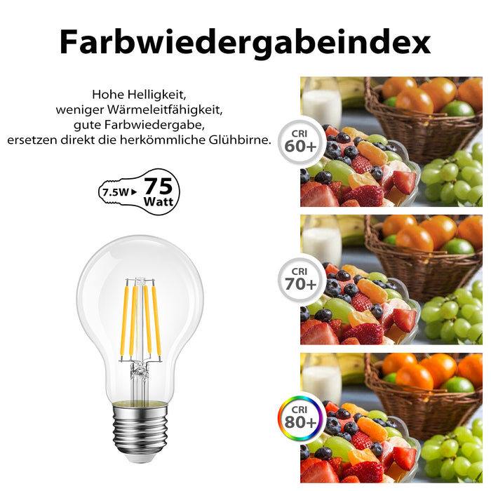 E27 LED Glühlampe Filament, A60 7.5W Klar