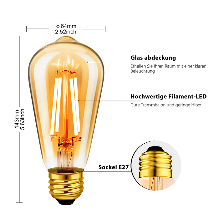 E27 LED Filament Glühbirne, ST64 Gold 6.5W