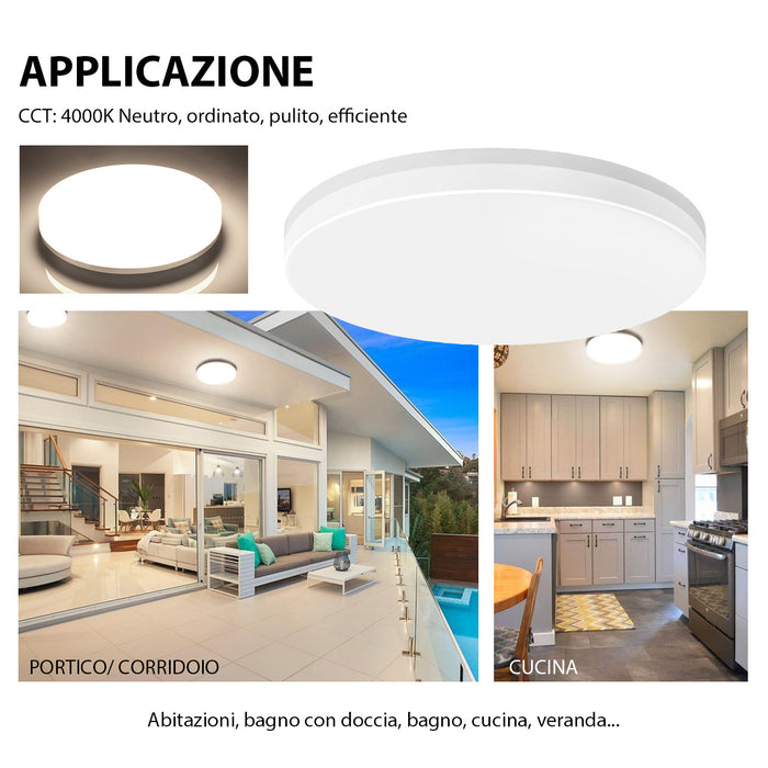 LVWIT Plafoniera LED 18W 1800LM IP65 Impermeabile 4000K Luce Bianca Neutra Ø220mm*50mm