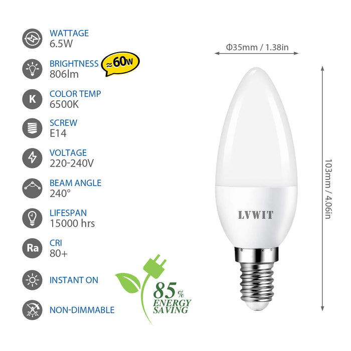 6.5W Daylight E14 LED Candle Light Bulbs ,6500K Cool White Bulb,806LM