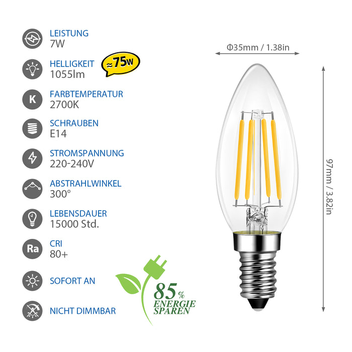 E14 LED Filament Glühbirne für Kronleuchter 1055Lm
