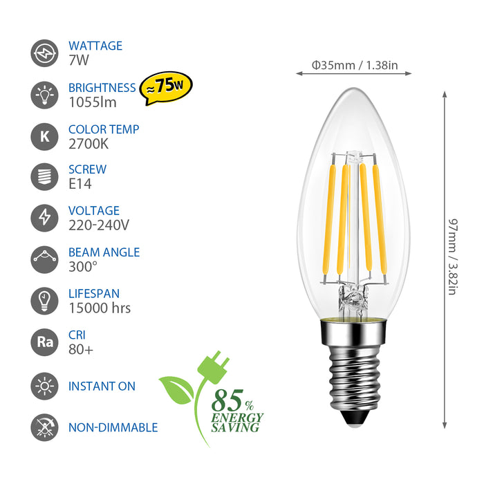 E14 LED Filamento Lampadina per Lampadario, 1055Lm