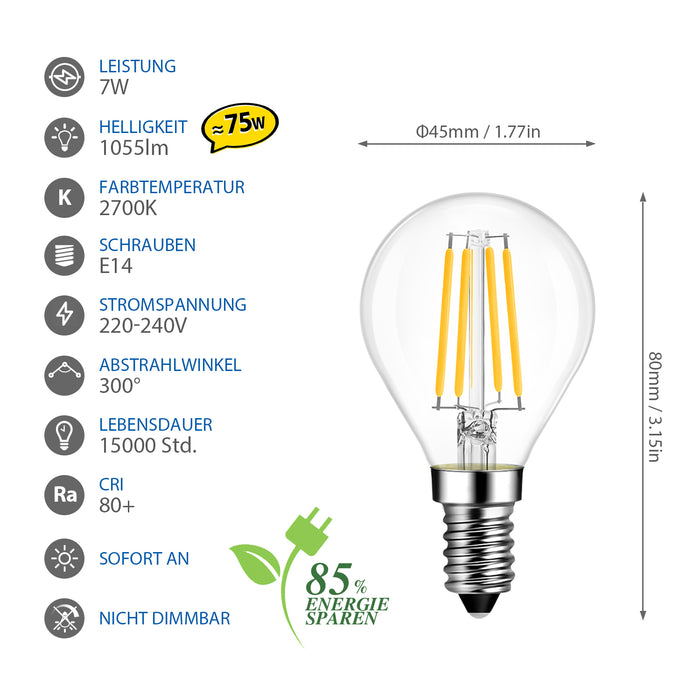 E14 LED Glühlampe Filament, G45 7W