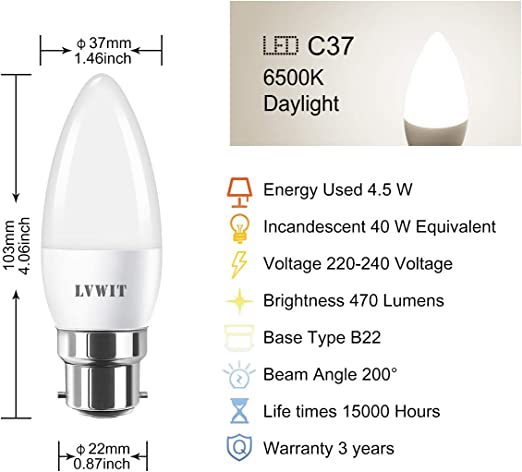 Ampoule LED Bougie B22, C37 470Lm Blanc Froid 6500K 6 Pièces