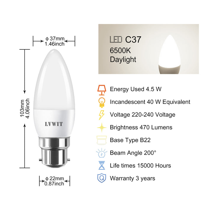 B22 Candle Bulbs, C37 470Lm 6PCS