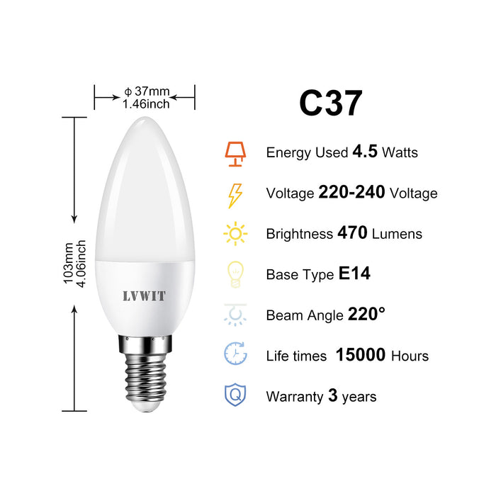 Ampoule LED Bougie E14, C37 470Lm 6500K Blanc Froid 6 Pièces