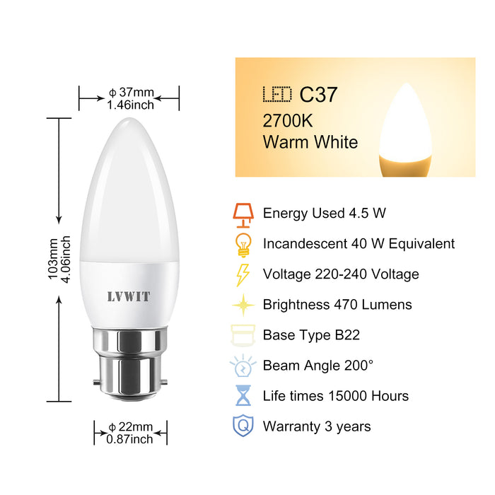 B22 Candle Bulbs, C37 470Lm 6PCS