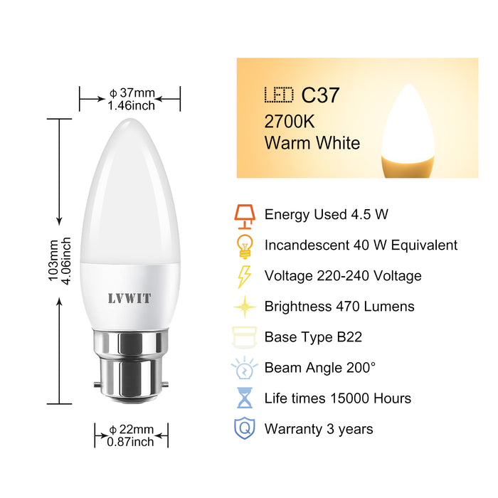 B22 Candela Lampadina, C37 470Lm 6 Pezzi 2700K