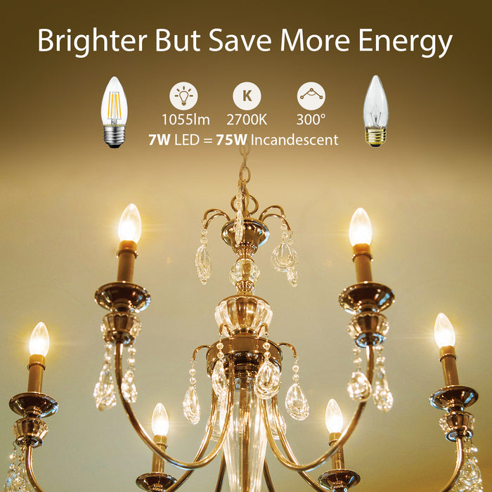 LVWIT E27 Candle Filament Bulb,High 1055Lm,7W 2700K Super Warm White E27 Screw Candle Bulb 75W