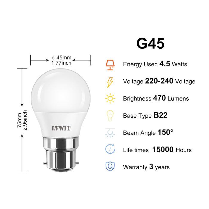 B22 LED Light Bulbs, G45 470Lm