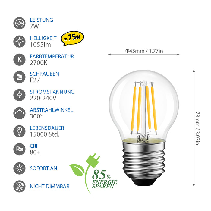 E27 LED Glühlampe Filament, G45 7W Klar