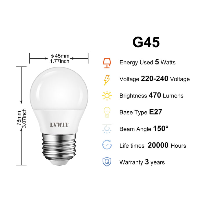 E27 LED Glühlampen (6-er Pack) Warmweiß 2700K, 5W G45 470lm