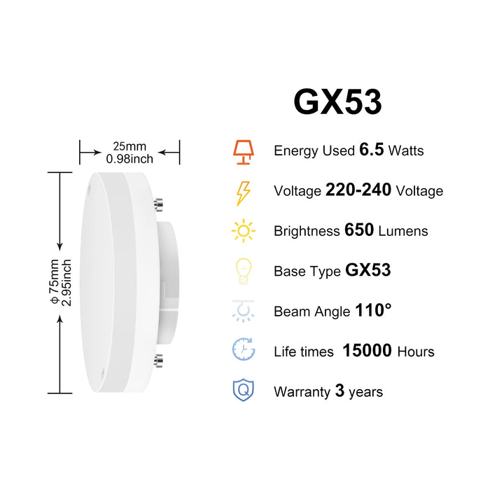 LVWIT Ampoule LED GX53 6,5W 3000K 650LM Pack de 4 unités