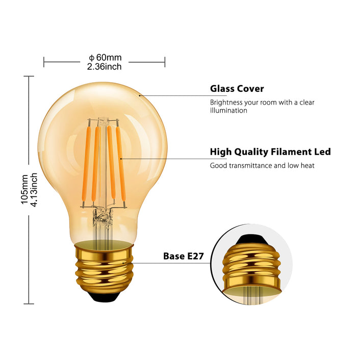 E27 LED Glühlampe Filament, A60 6.5W Gold