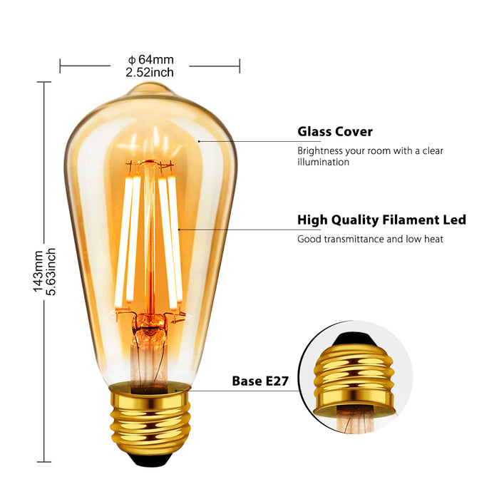 E27 LED Lampadina Filamento Lampadina Guscio Vetro Ambrato, ST64 806Lm