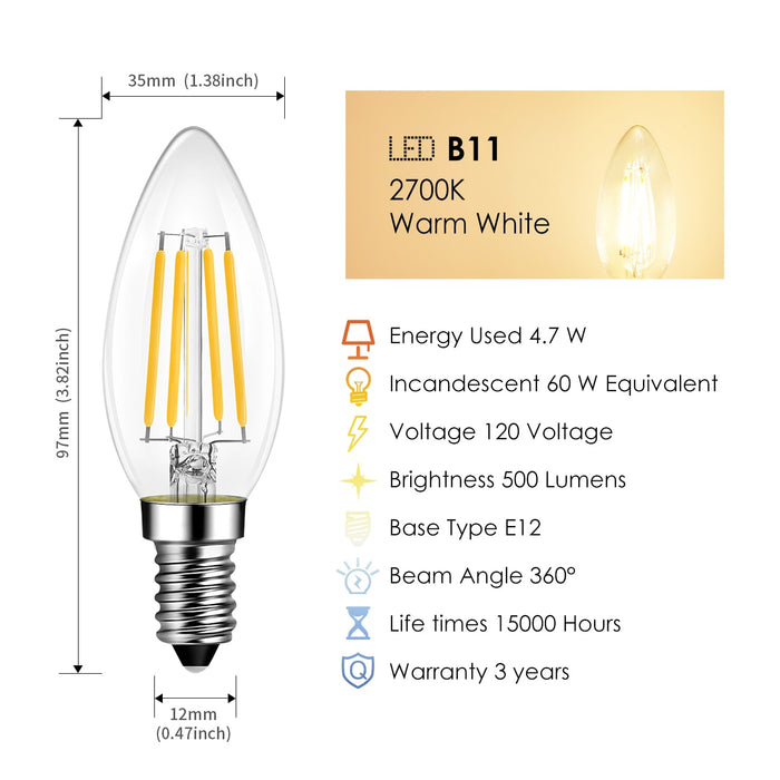 B11 LED Edison Filament Bulb, Dimmable 60W Equivalent LVWIT, E12  Candelabra Base UL-Listed (6 Pack)