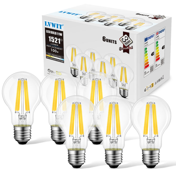 E27 LED Glühlampe Filament, A60 11W Klar