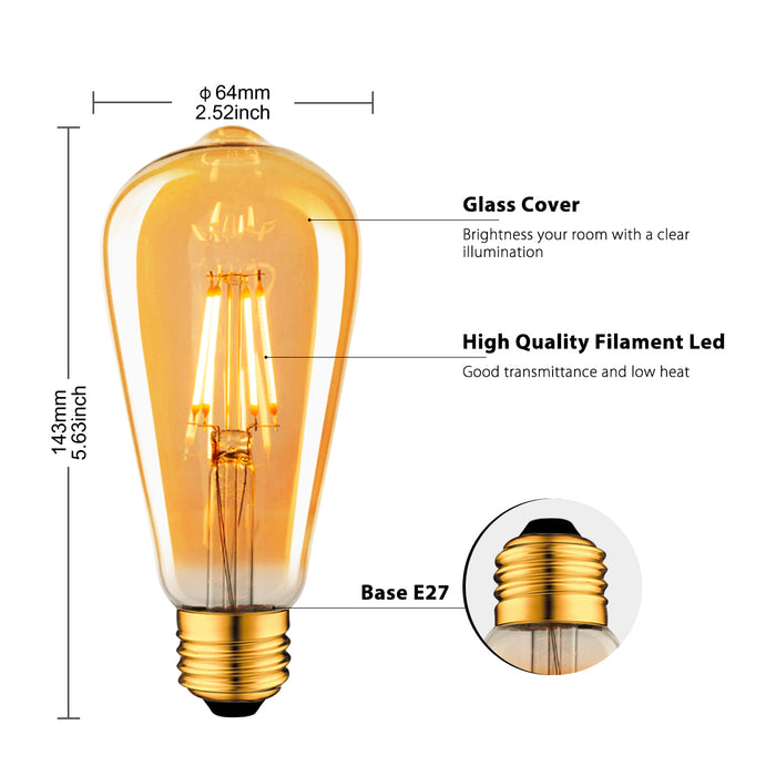 E27 LED Lampadina Filamento Lampadina Guscio Vetro Ambrato, ST64 470Lm