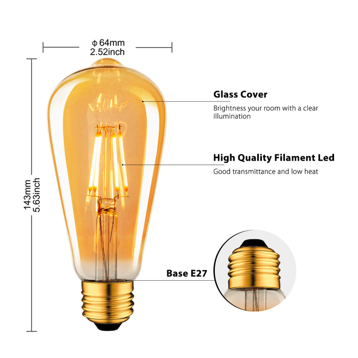 E27 LED Filament Glühbirne, ST64 Gold 4W