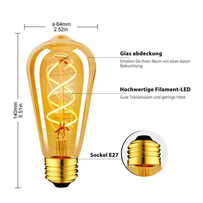 E27 LED Filament Glühbirne, ST64 Gold 4.9W